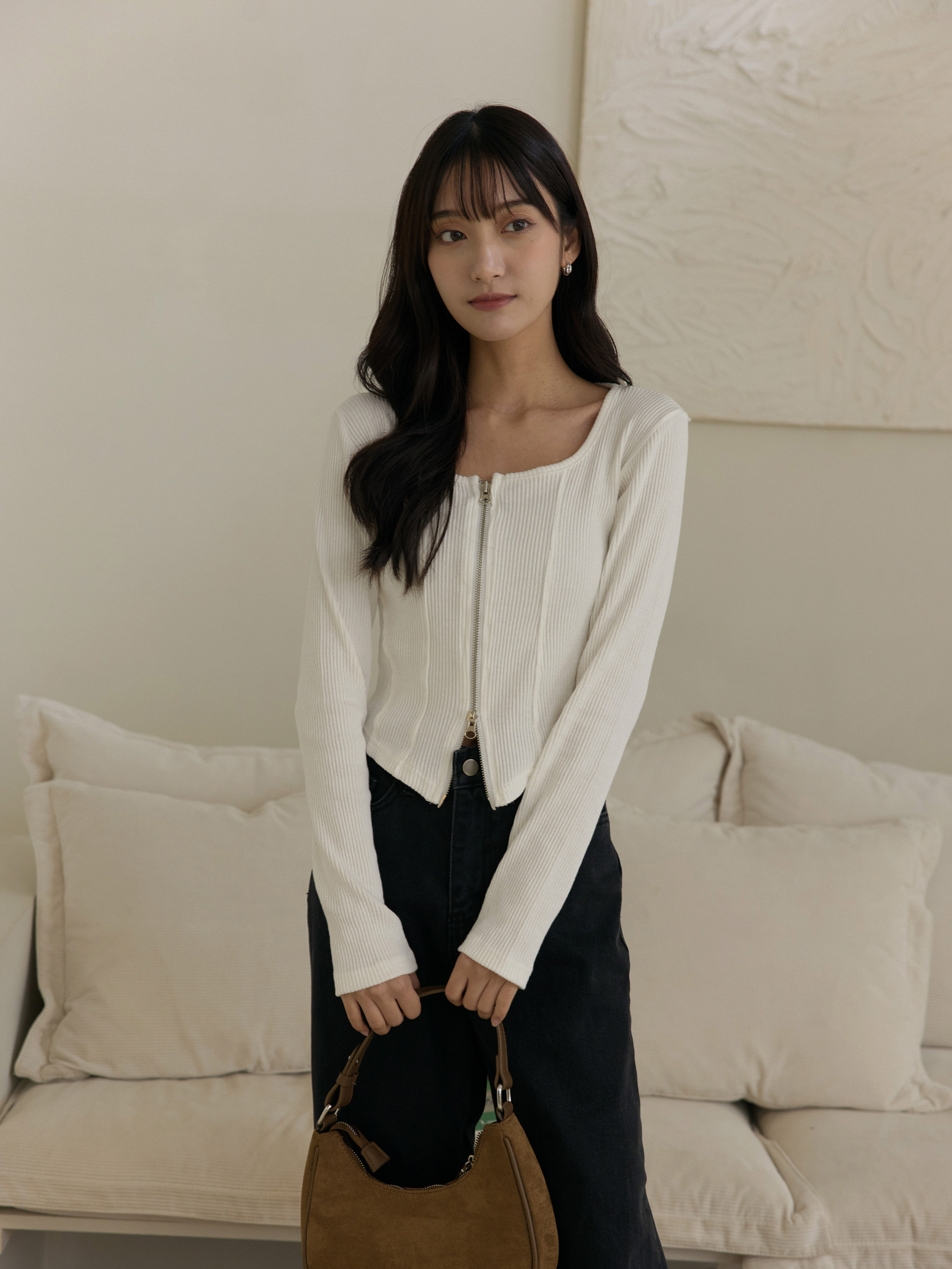 小方領雙拉鍊合身上衣