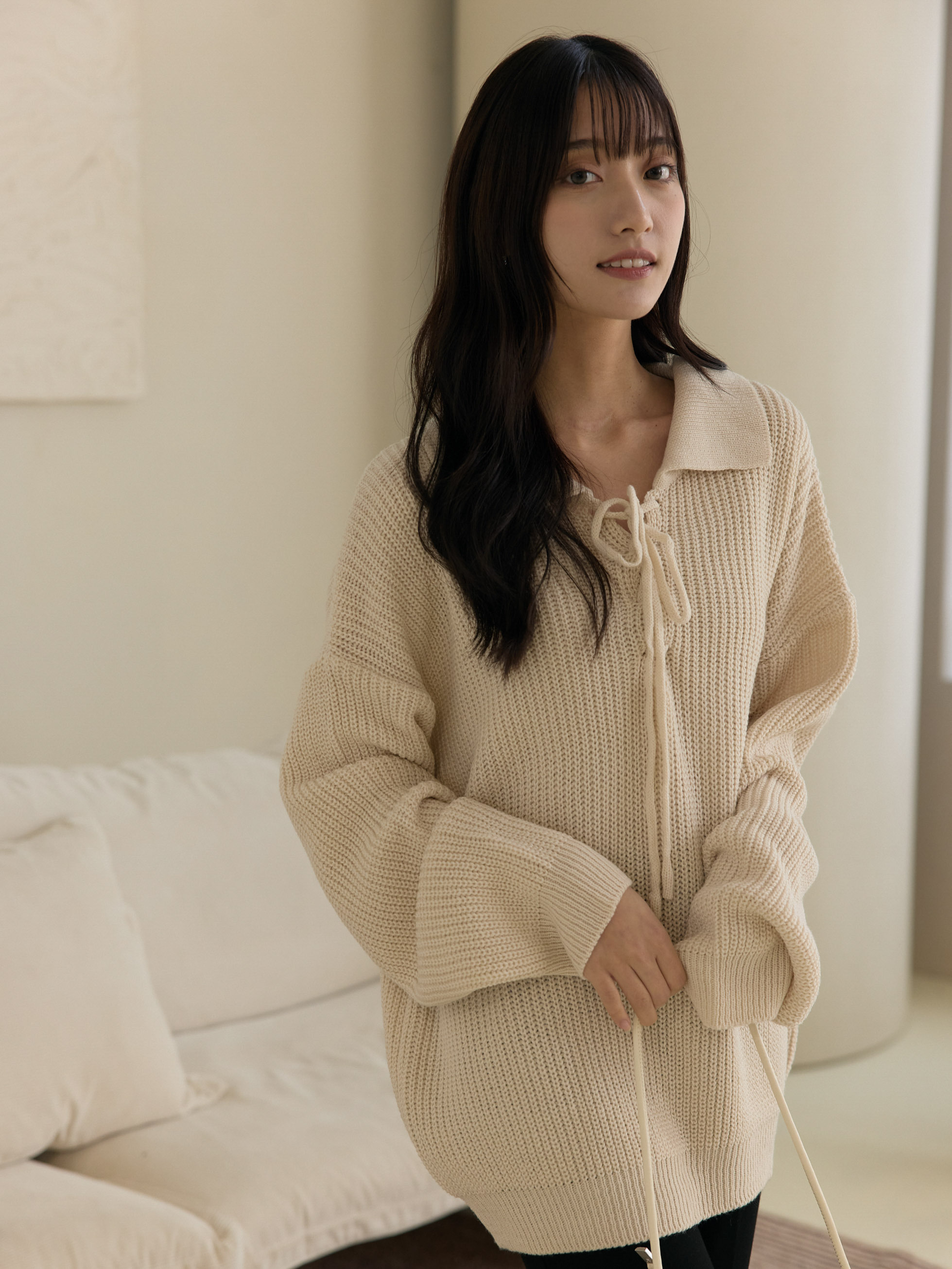 前綁帶長版針織上衣