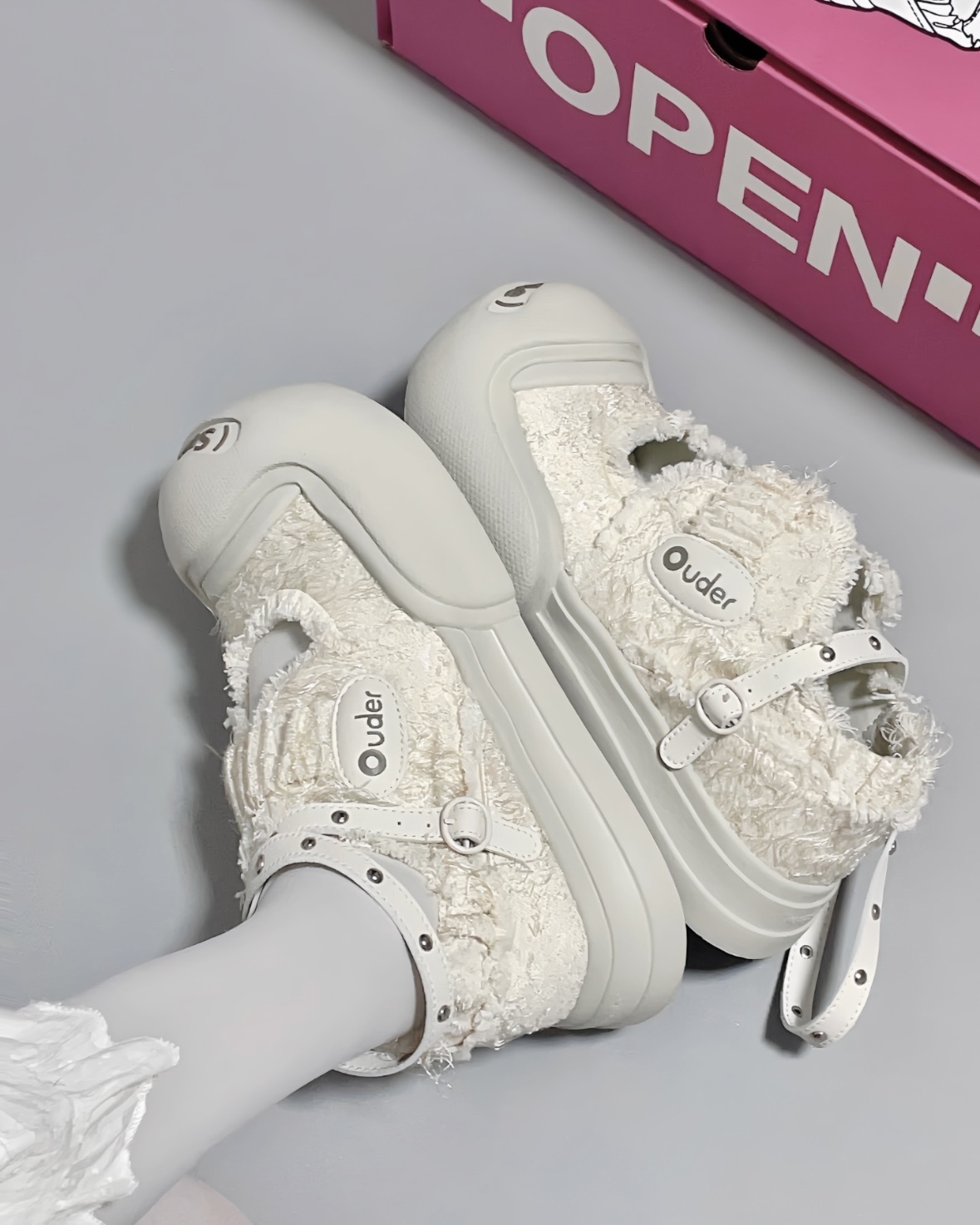 <宋雨琦同款!!!🎀>Ouder Smiler 開口笑 圓頭 厚底 綁帶可拆 帆布鞋 瑪莉珍 解構 米白