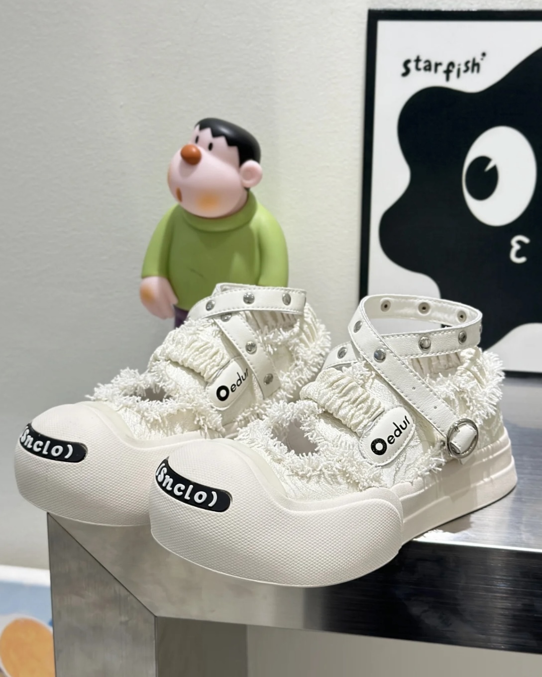 <宋雨琦同款!!!🎀>Ouder Smiler 開口笑 圓頭 厚底 綁帶可拆 帆布鞋 瑪莉珍 解構 米白