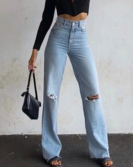 韓國正流行_高腰寬鬆直筒破褲(黑/深藍/淺藍)