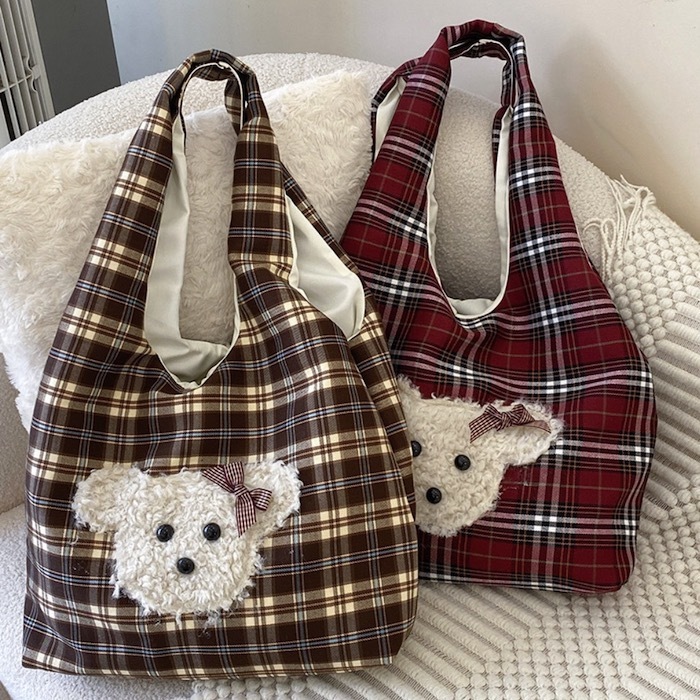 《10312》毛絨小熊格紋款肩背包