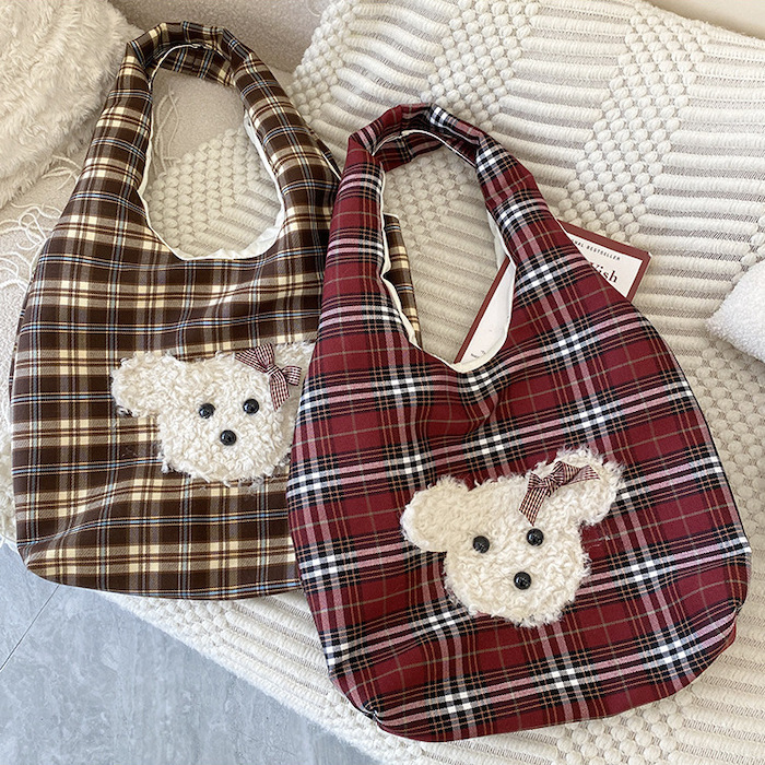 《10312》毛絨小熊格紋款肩背包