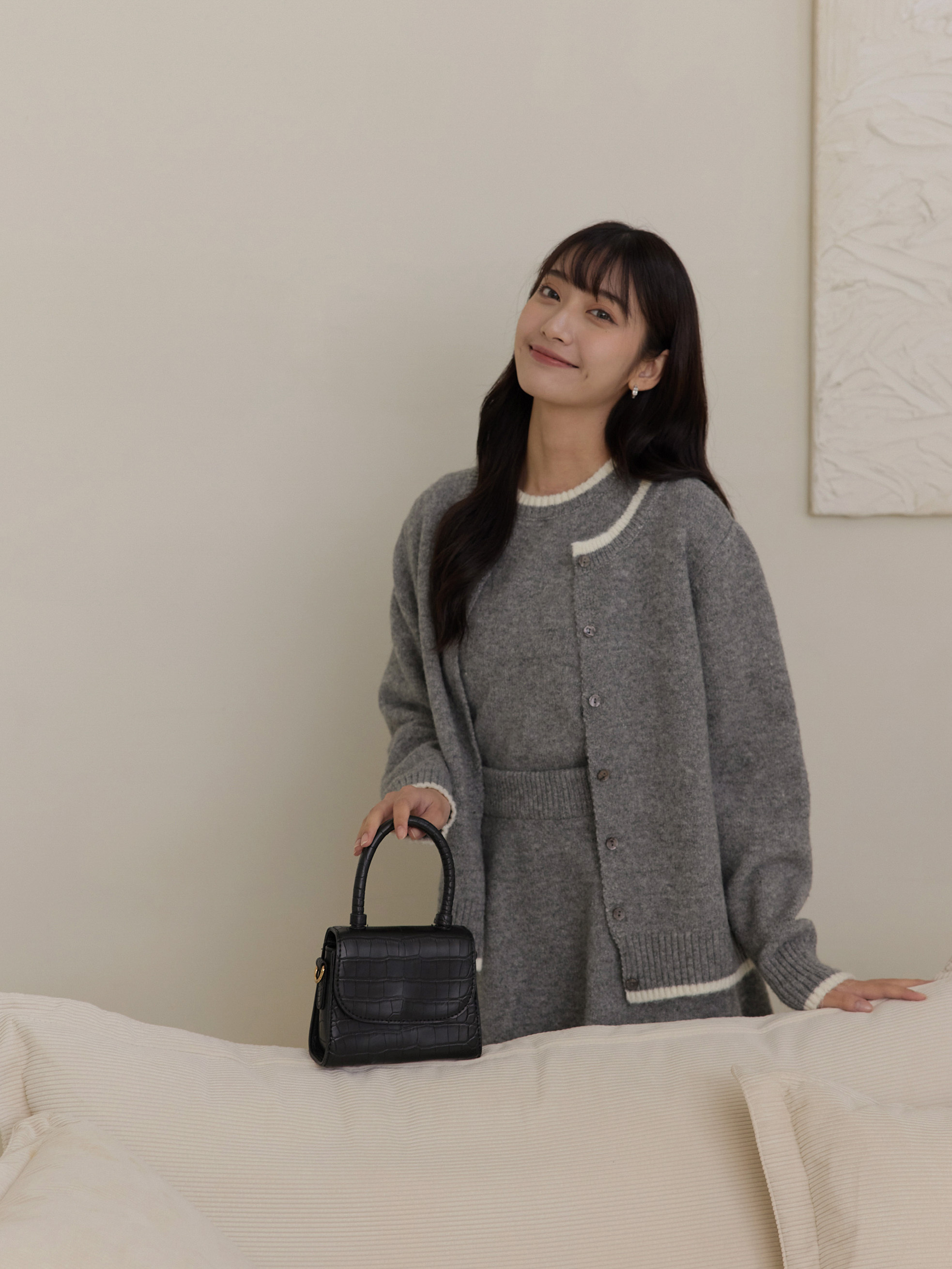 三件組 配色邊短裙針織套裝