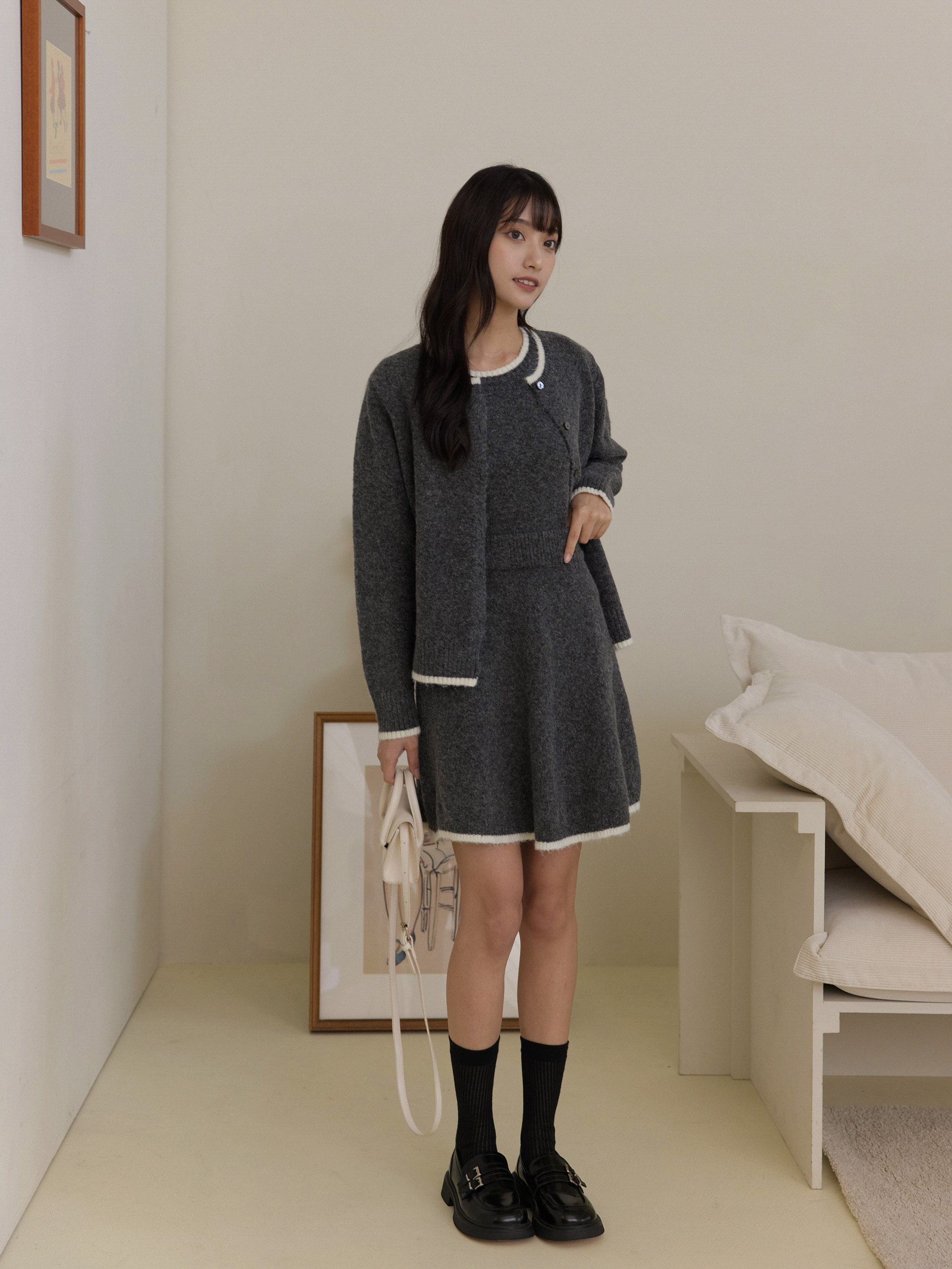 三件組 配色邊短裙針織套裝