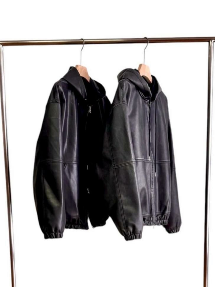 洗水/淨色連帽拉鍊合成皮外套 WTVR-009JK