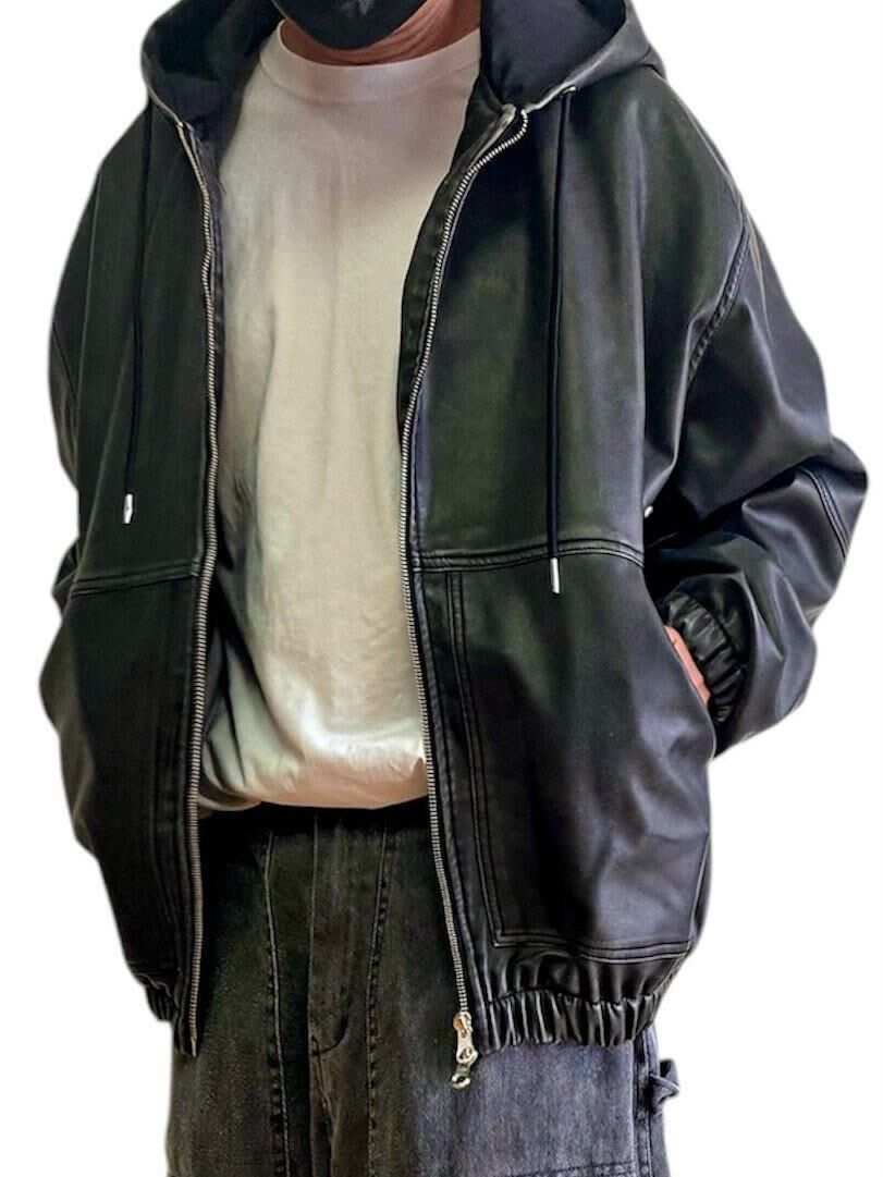 洗水/淨色連帽拉鍊合成皮外套 WTVR-009JK