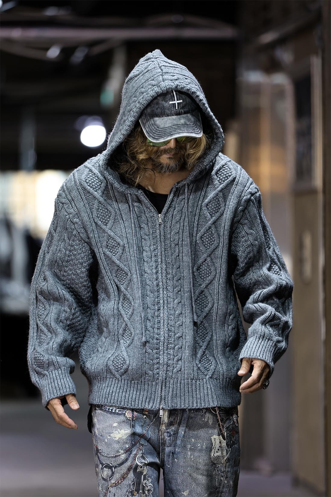 漁夫麻花針織連帽拉鍊外套