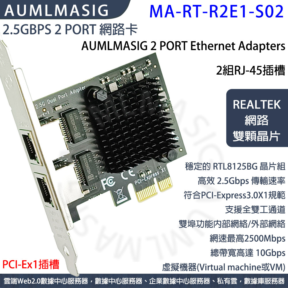 AUMLMASIG 2.5GBPS 2 PORT 網路卡 2 PORT Ethernet Adapters  2 連接埠 RJ-45插槽  REALTEK網路雙顆晶片組成匯流排