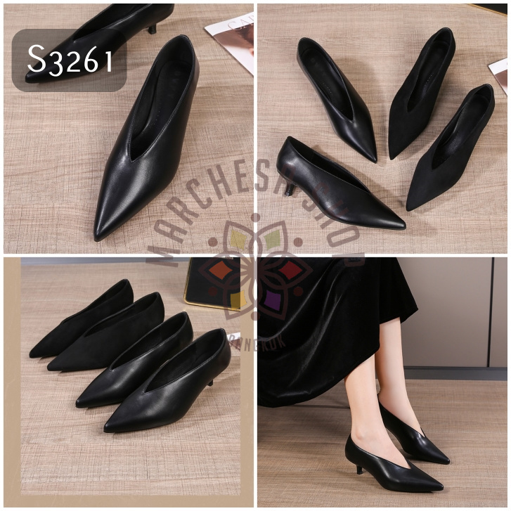 S3261 - 全真皮羊皮V口尖頭高踭鞋