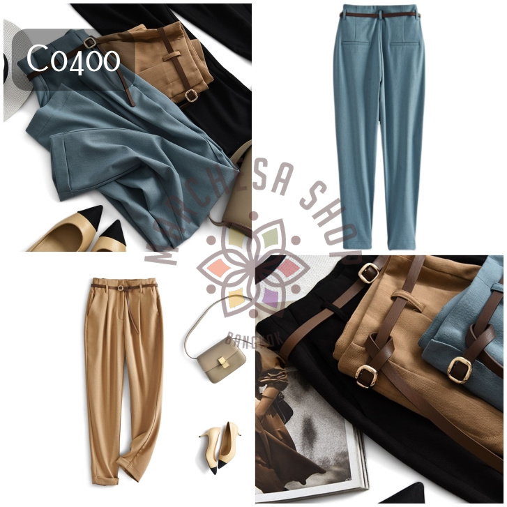 C0400- 簡約純色修臀修長西裝休閒褲