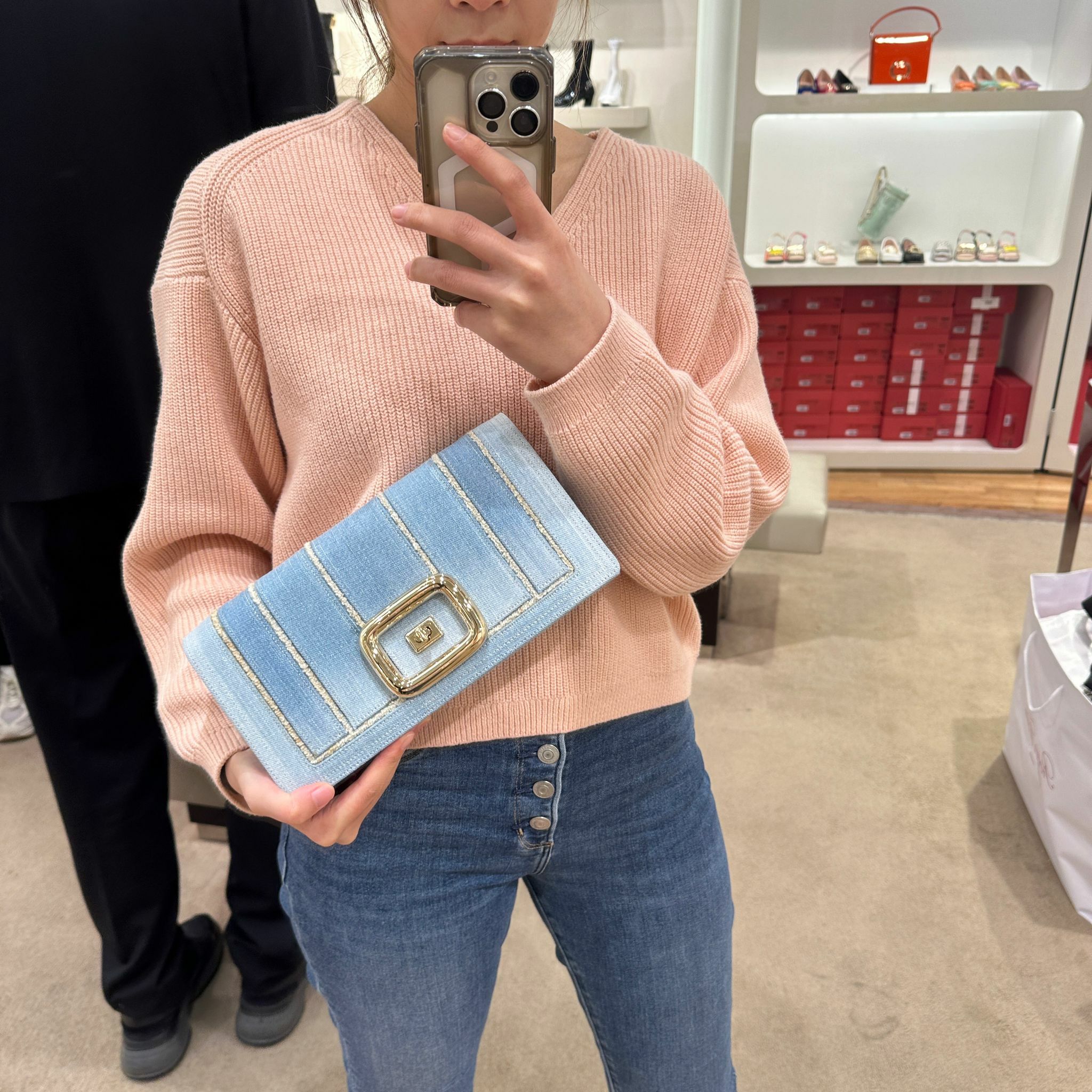 Roger Vivier RV choc flap crossbody shoulder chain bag denim