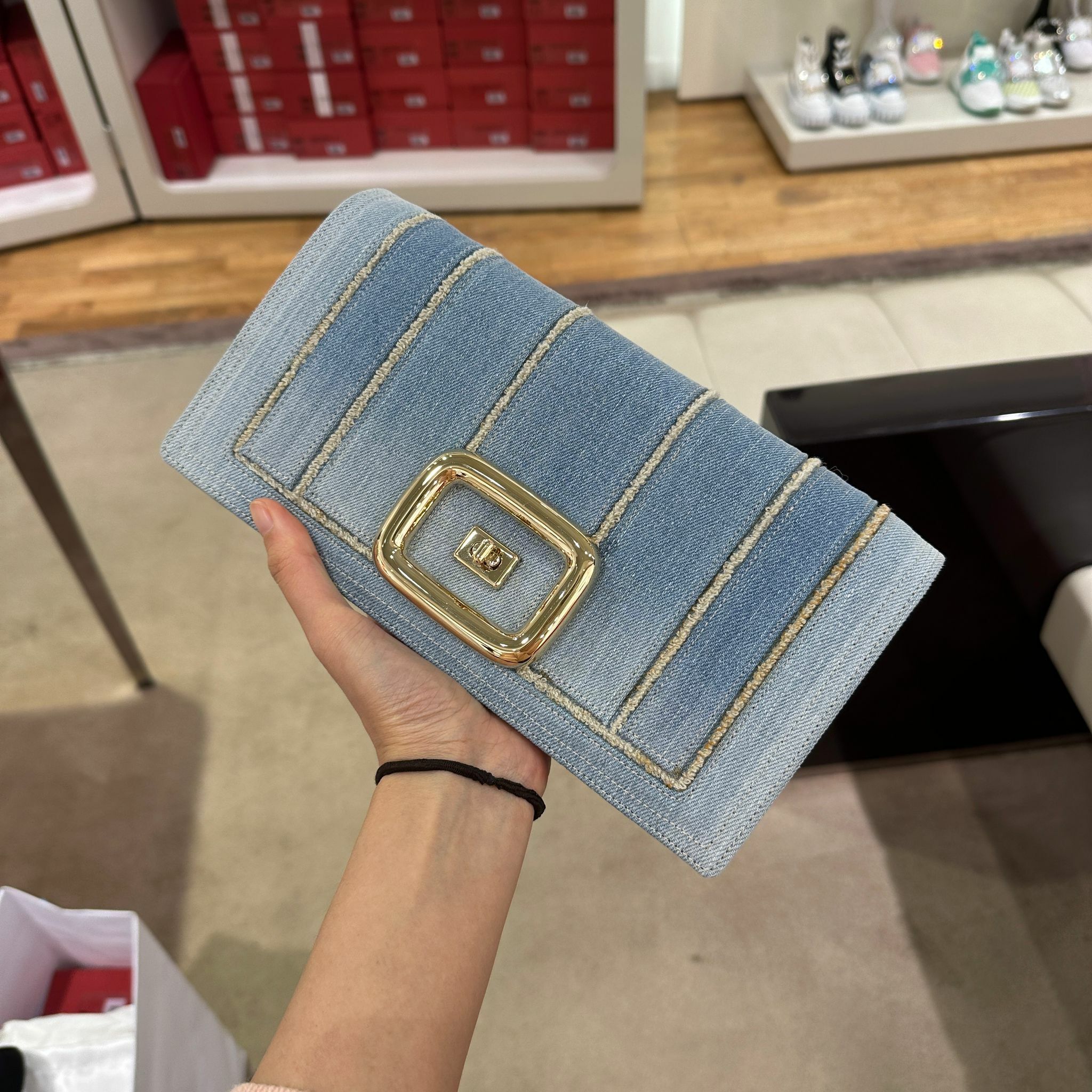 Roger Vivier RV choc flap crossbody shoulder chain bag denim