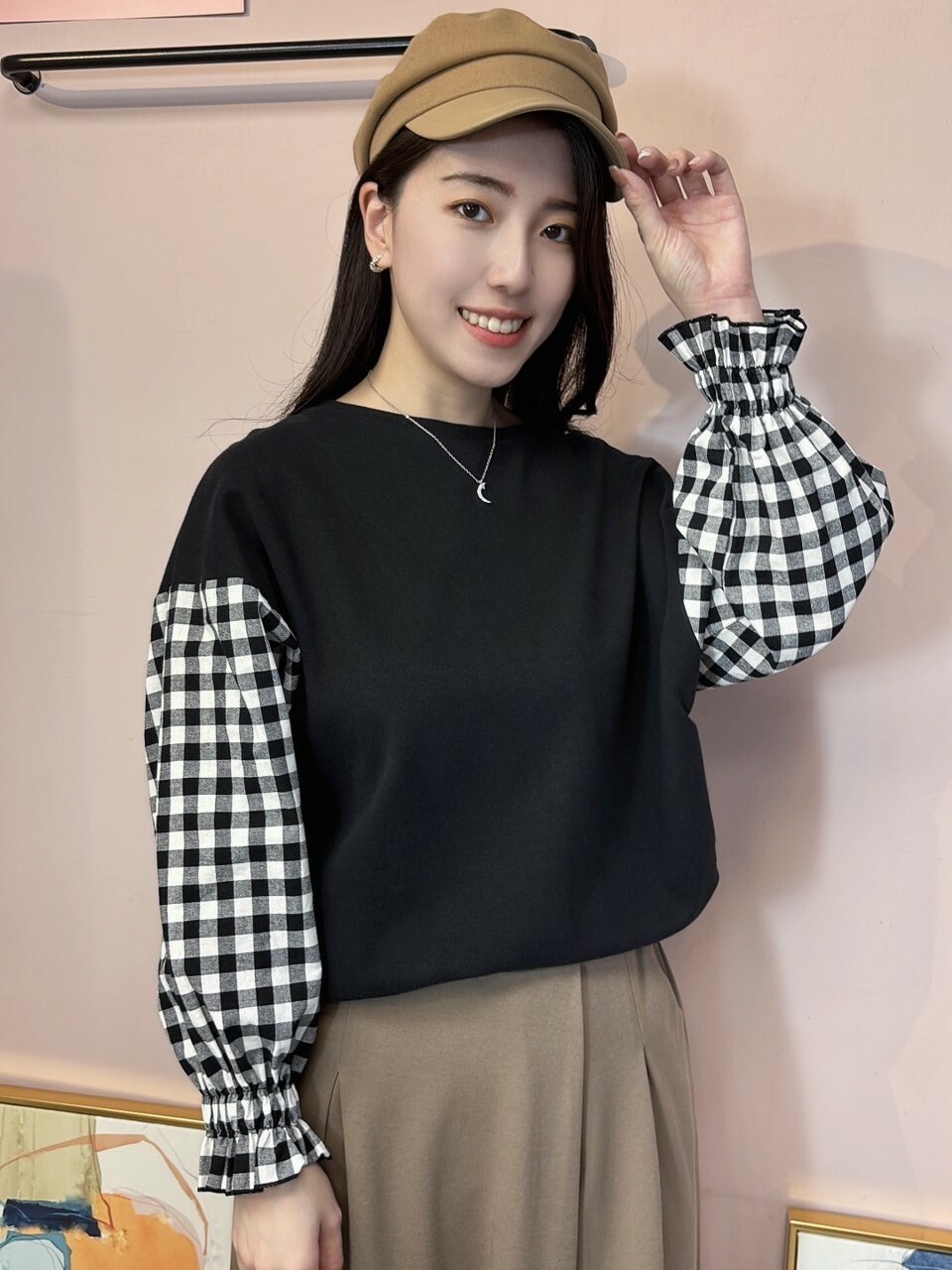 格紋澎袖上衣(黑)