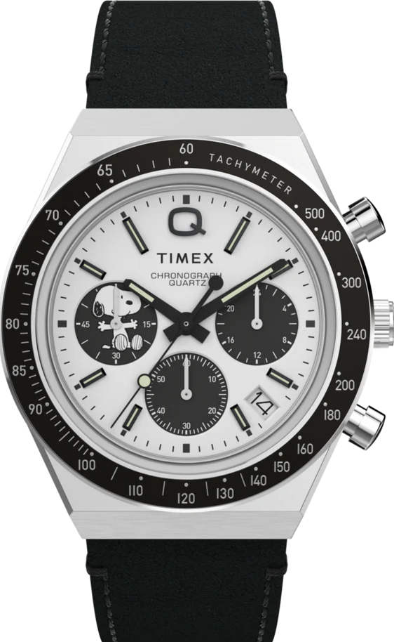 萬年鐘錶 - TIMEX 天美時   Q-Timex  花生史奴比 SNOOPY聯名三眼計時皮革款男錶  TW2W68900  timex Q  錶徑40MM