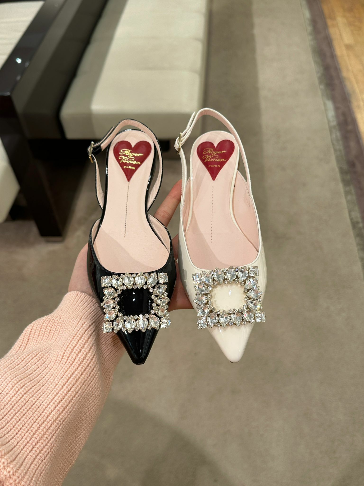 Roger Vivier RV Virgule strass buckle slingback flats black/white