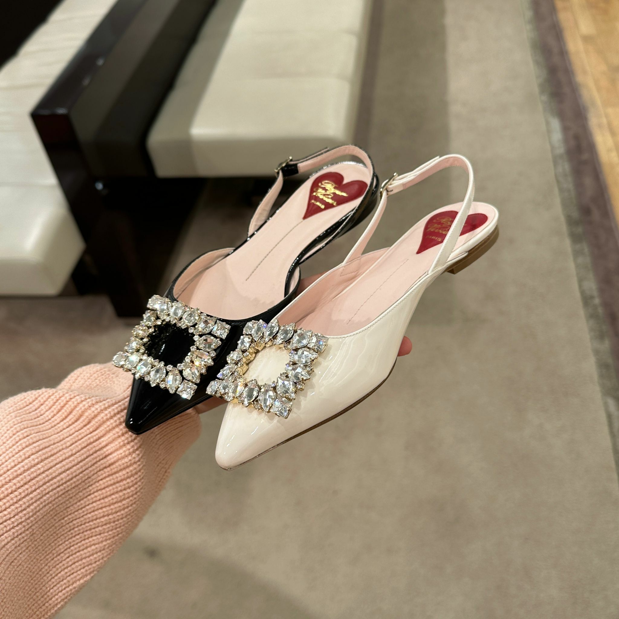 Roger Vivier RV Virgule strass buckle slingback flats black/white