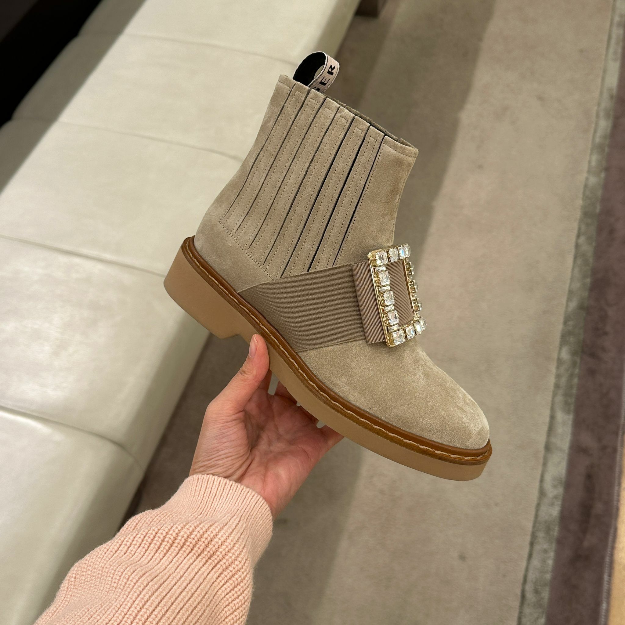 Roger Vivier RV Viv rangers Strass buckle boots beige