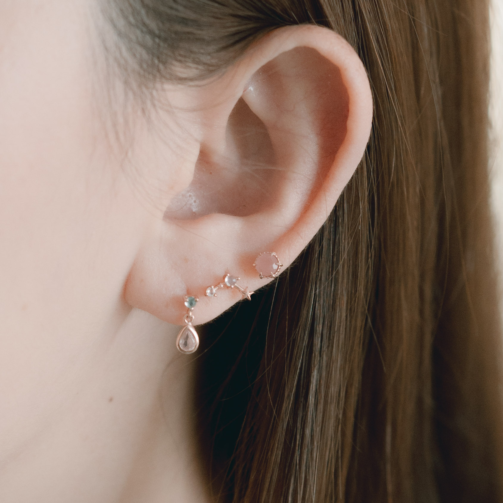 圓六爪粉紅石英轉珠耳環