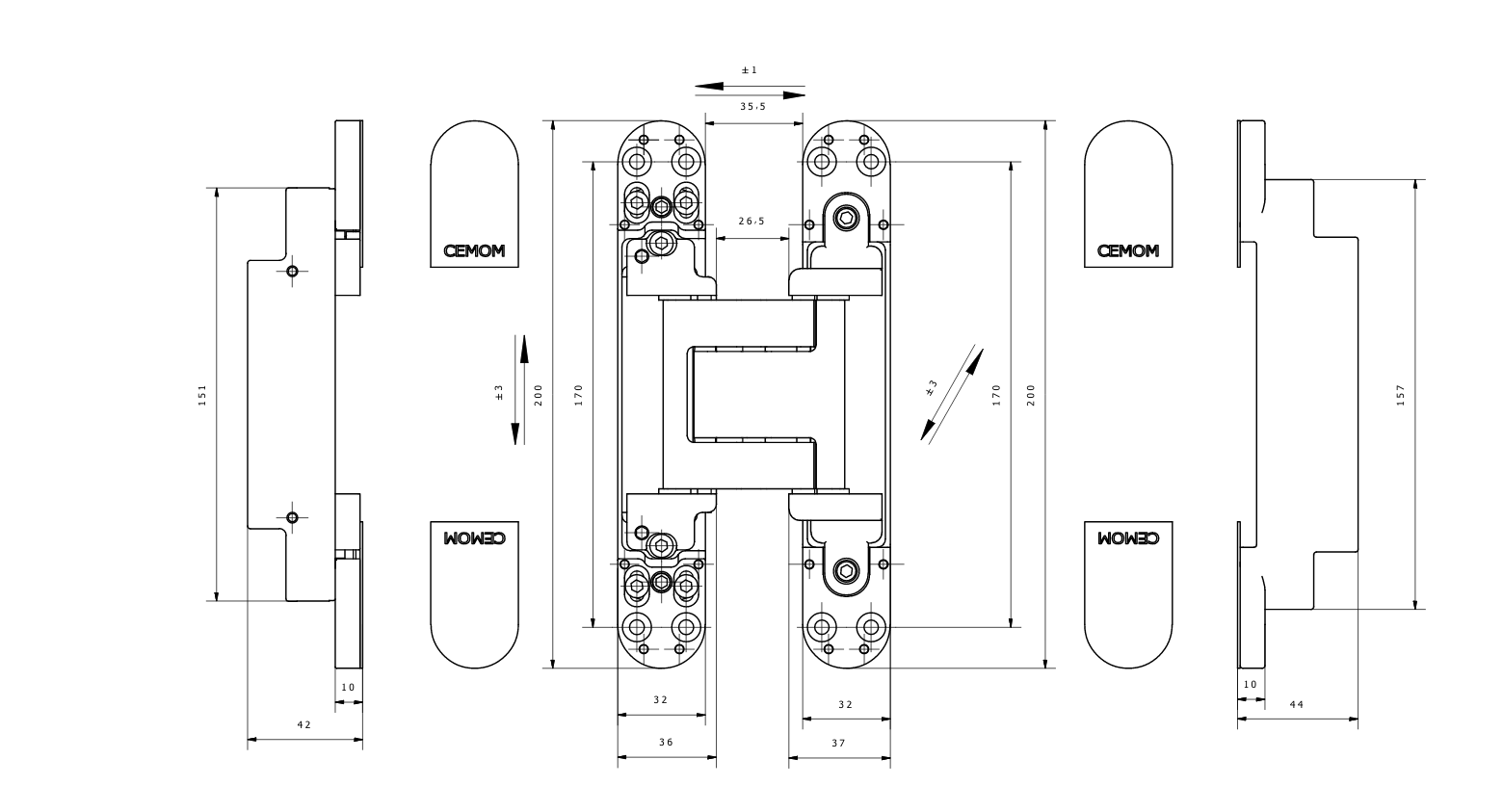 Cemom 130KG 三維可調 房門暗鉸 - 尺寸圖