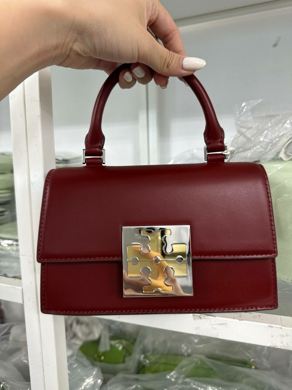 [S] TORY BURCH BON BON COLORBLOCK MINI TOP HANDLE BAG,BRICK, 150365-600 (STB617)