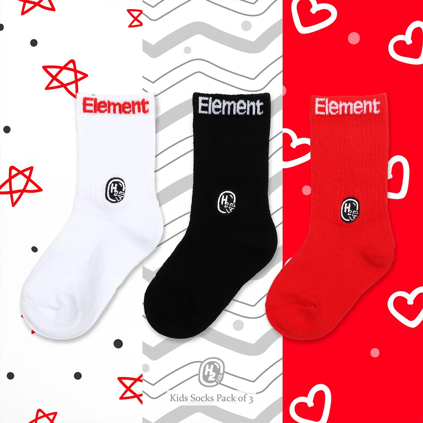 三色一組 HOWDE LAB Crew KIDS Socks "Element" 元素白 黑 紅 小童襪【19FW03-F】