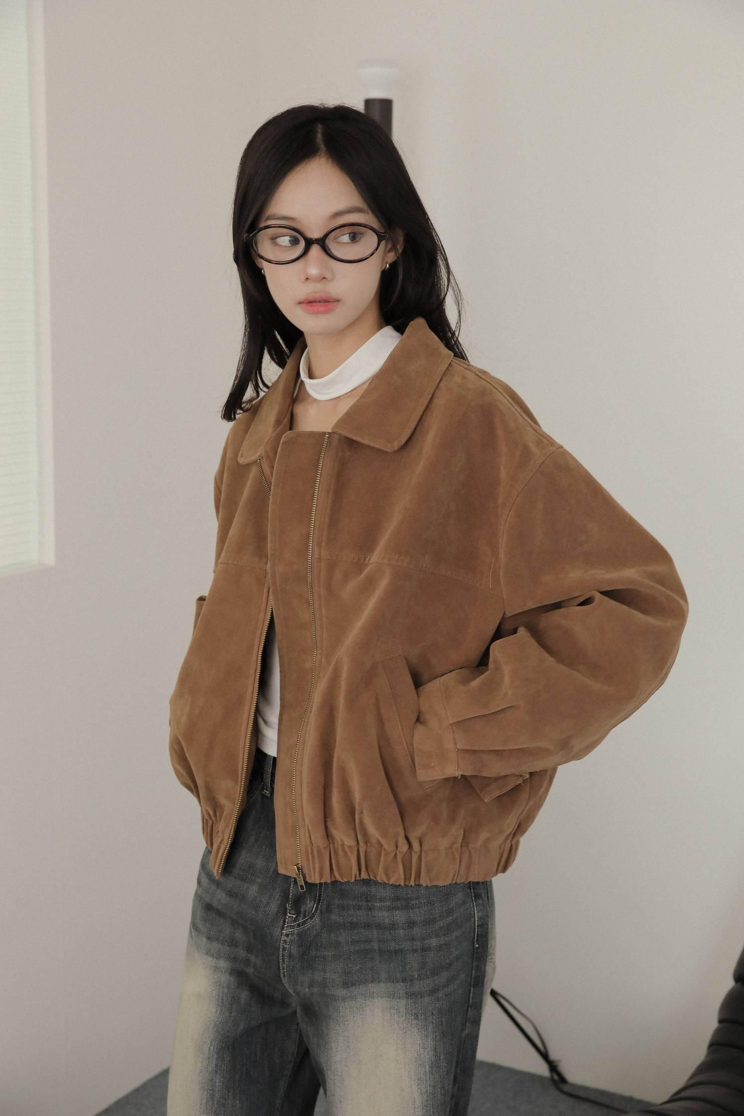 寬版落肩麂皮絨外套