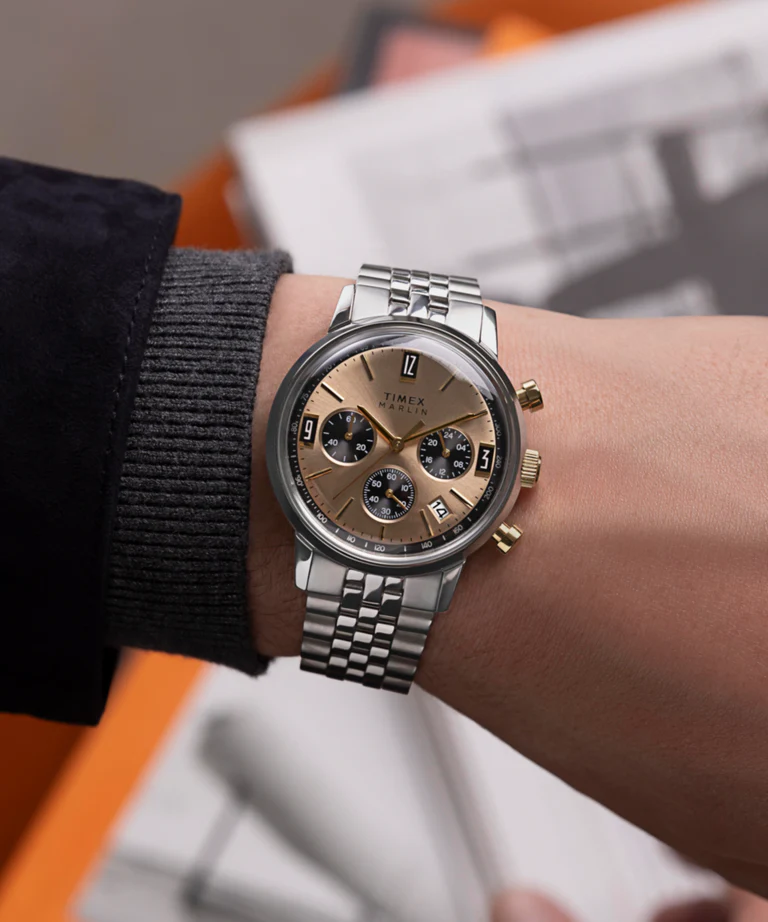 萬年鐘錶 - TIMEX 天美時   香檳色面盤Marlin系列石英三眼不鏽鋼錶帶男錶  TW2W60100  錶徑40MM