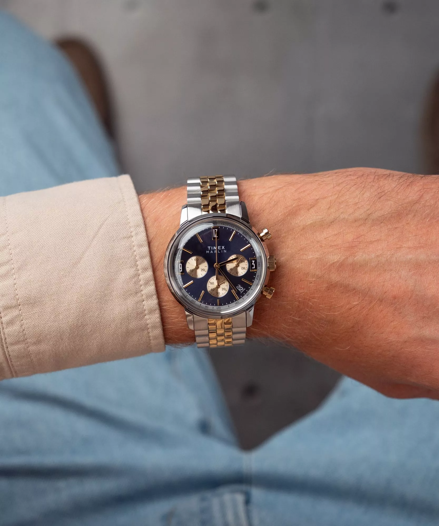 萬年鐘錶 - TIMEX 天美時   深藍色面盤Marlin系列石英三眼不鏽鋼錶帶男錶  TW2W60200  錶徑40MM