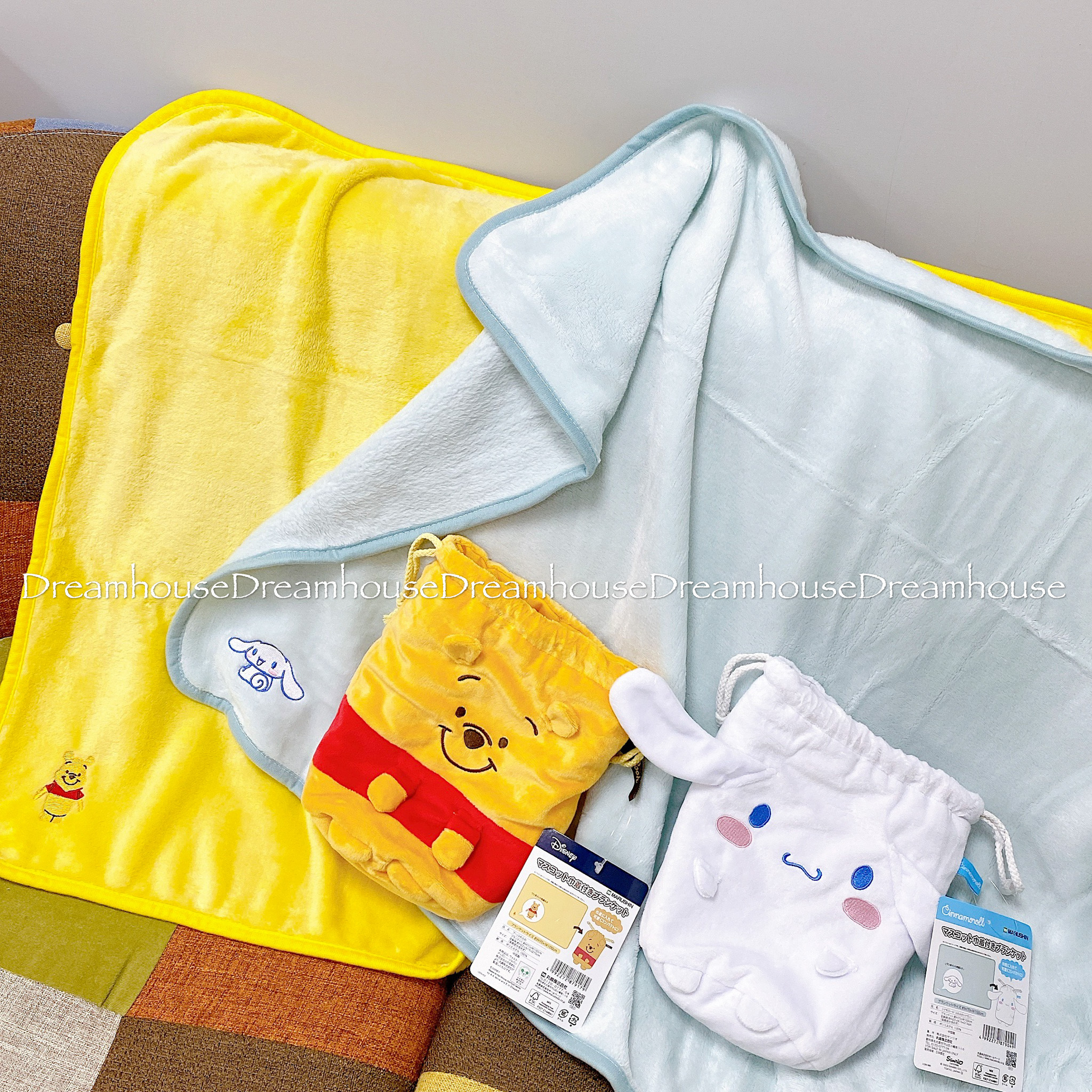 迪士尼 小熊維尼 三麗鷗 大耳狗 束口袋毯子 抽繩收納袋 毛毯 毯子 棉被 冷氣毯 膝上毯 午睡毯