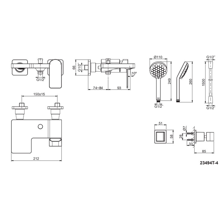 Kohler "Parallel" K-23494T-4-BL Exposed Bath Mixer with Hand Shower Set