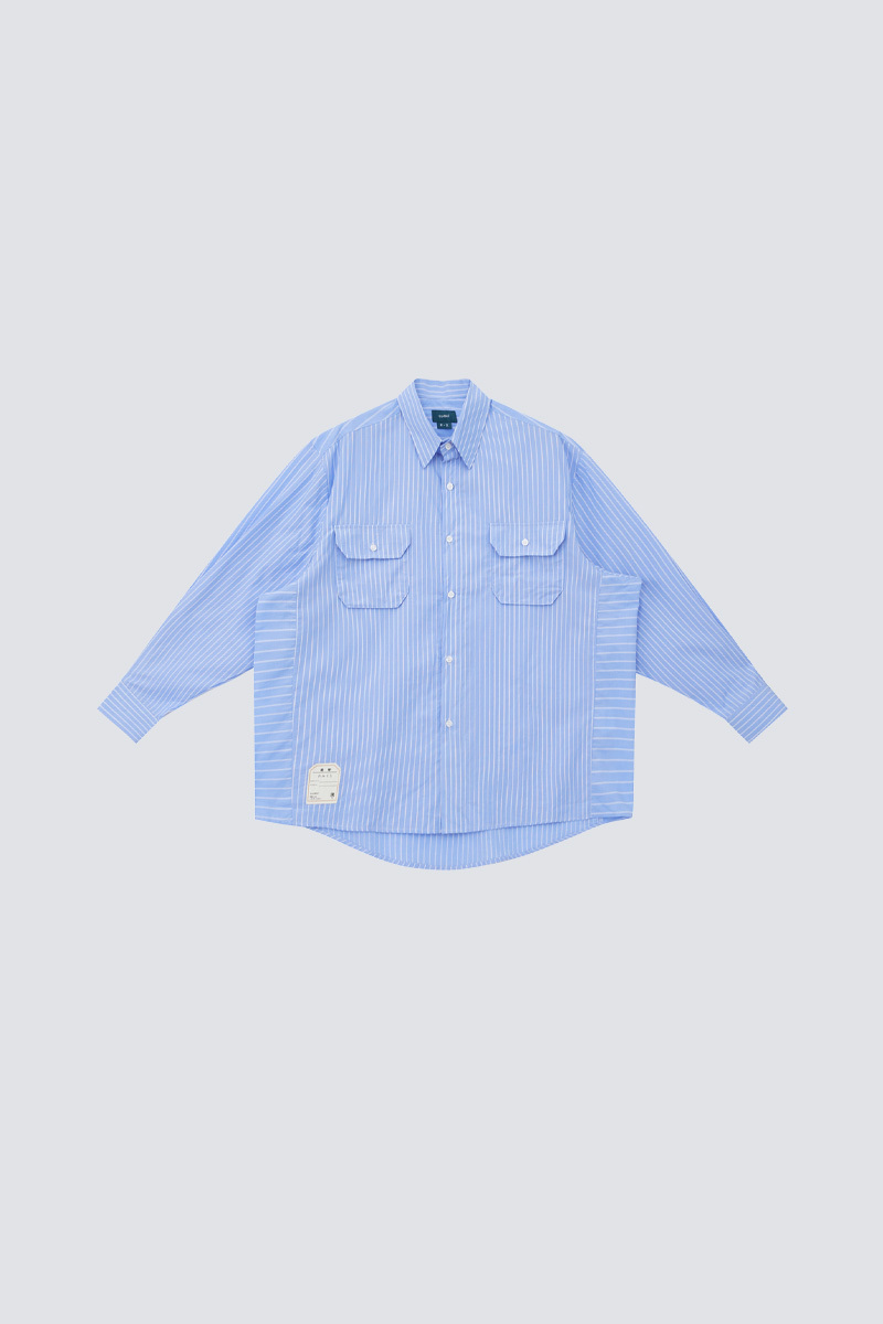 Blue & white patch patchwork striped shirt long sleeve｜Blue｜HK Original Design