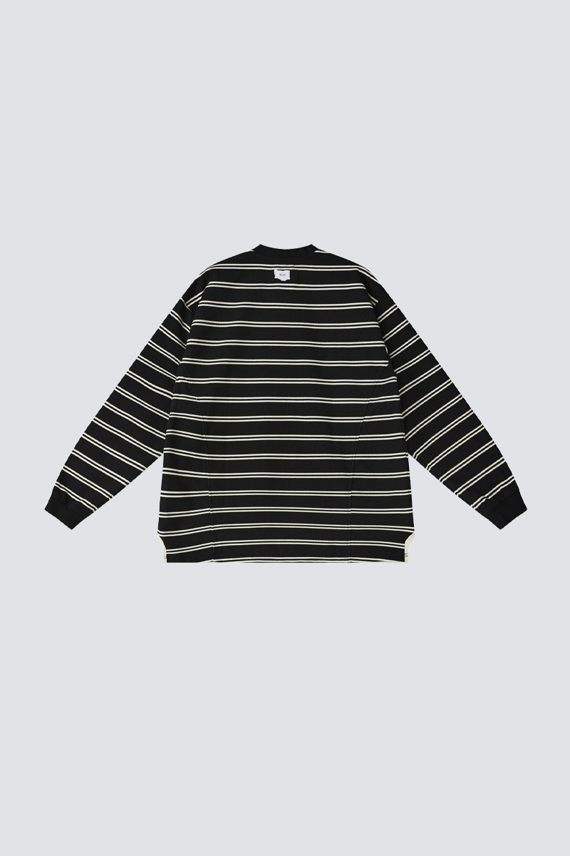 Striped Waffle Long Sleeve Henley Tee｜Black｜Hong Kong Original Design