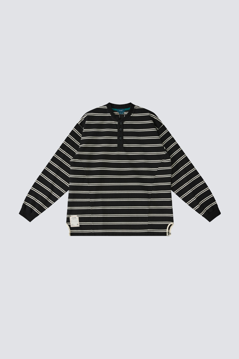 Striped Waffle Long Sleeve Henley Tee｜Black｜Hong Kong Original Design