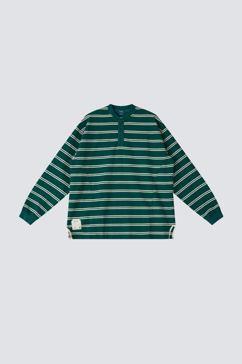 Striped Waffle Long Sleeve Henley Tee｜Fumble G.｜Hong Kong Original Design