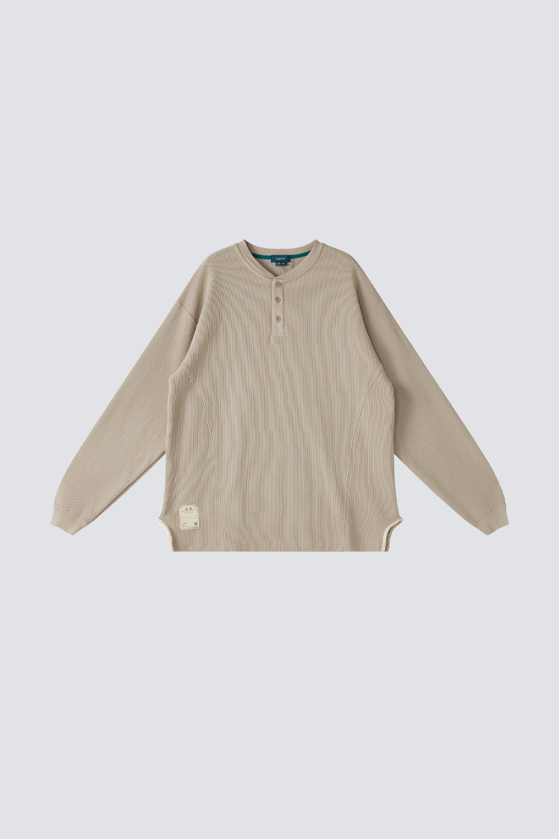 Waffle Long Sleeve Henley Tee｜Khaki｜Hong Kong Original Design