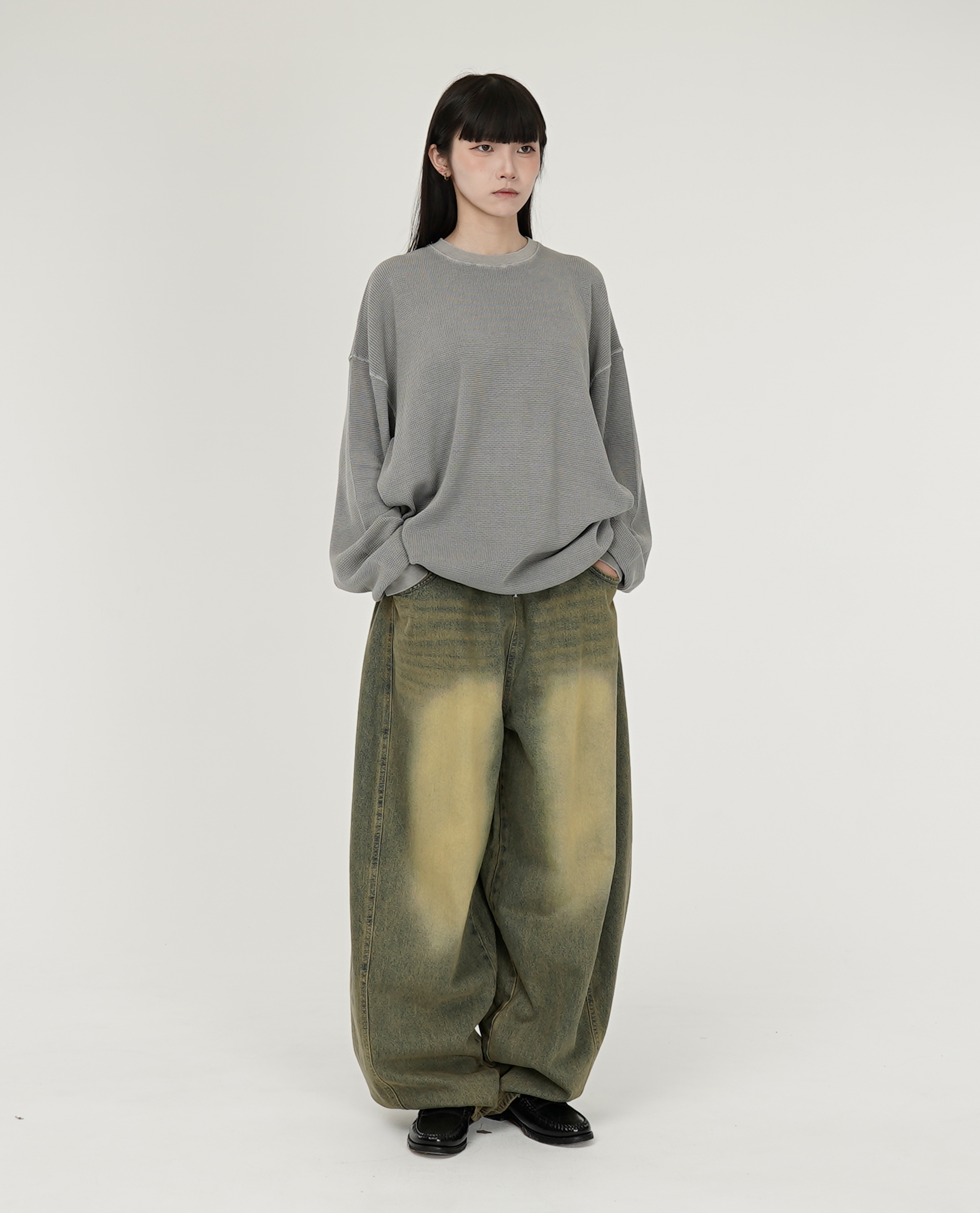 鬆緊側拼接刷色繭型牛仔