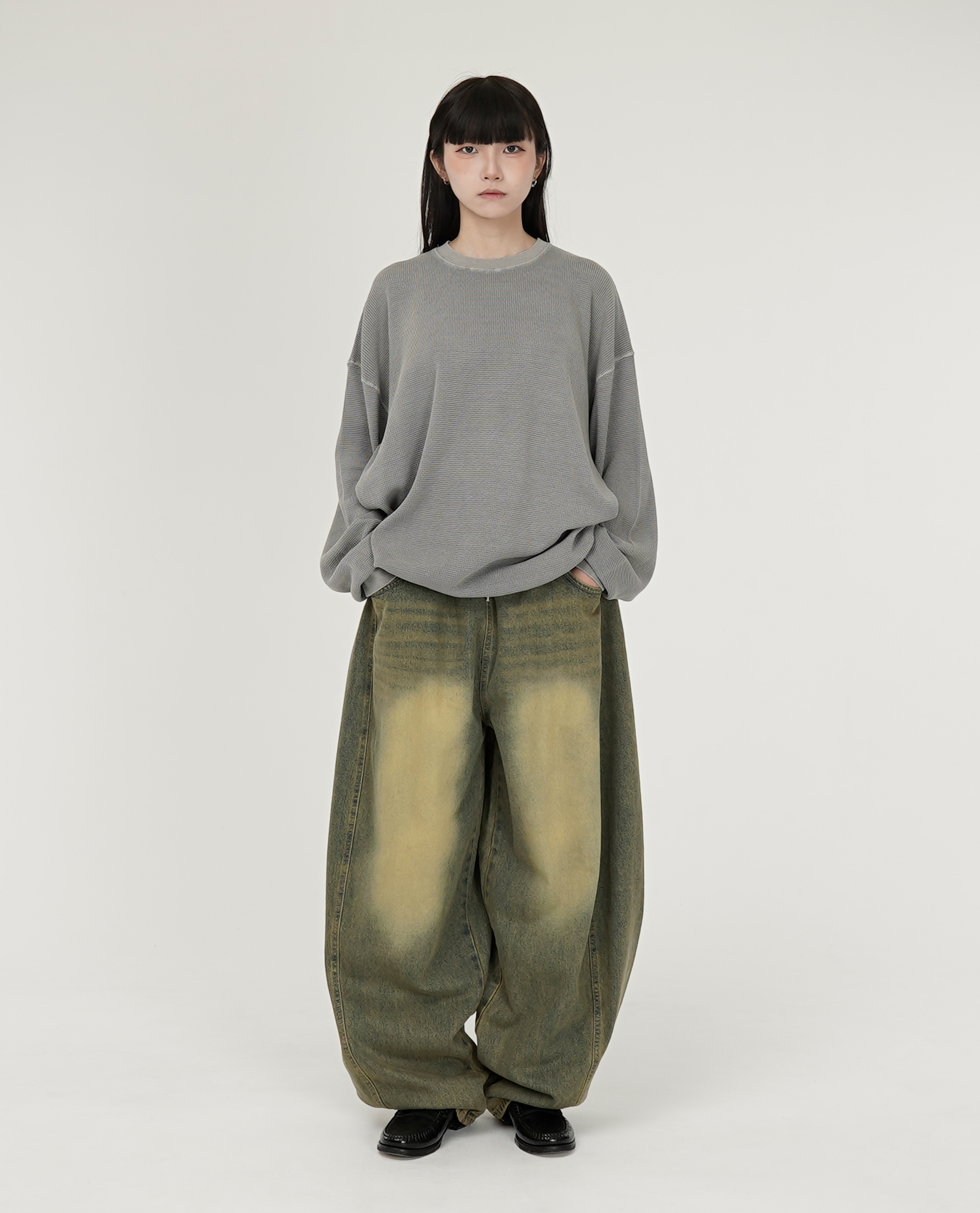 鬆緊側拼接刷色繭型牛仔