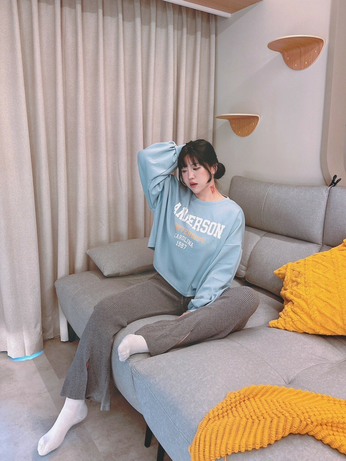 綁帶坑條開岔喇叭褲