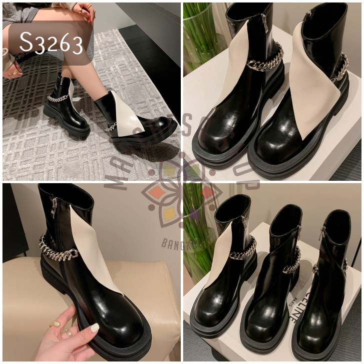 S3263 - 全真皮羊皮側拉鏈銀片搭帶銀鏈圓頭厚底短靴