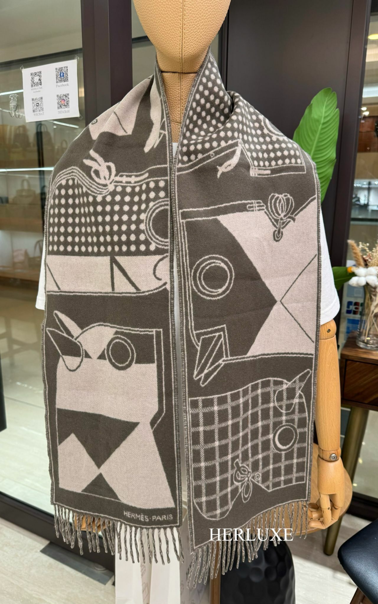 Camails Jacquard muffler 100%cashmere 25 x 170 cm Taupe / Lin