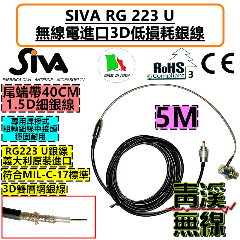 義大利進口銀線 SIVA RG223 U 3D雙層網銀線 4.6M+1.5D銀線40CM 3D 5M銀線帶細線 銀線 訊號線 帶細線 轎車 無線電 車機 對講機 傳輸線 手機 RG-223 銀線
