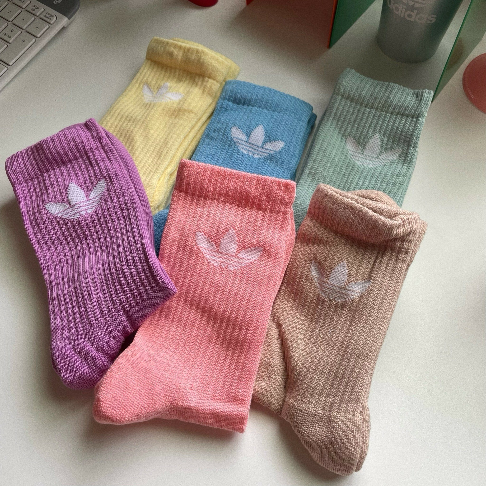 Adidas Socks 多彩 奶茶 粉色 藍色 六雙一組 襪子 長襪 小腿襪 JF6366