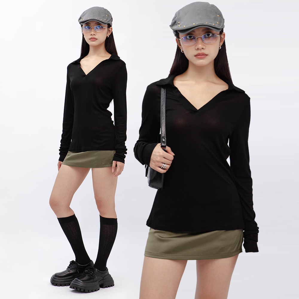 天絲翻領透膚上衣(in stock)