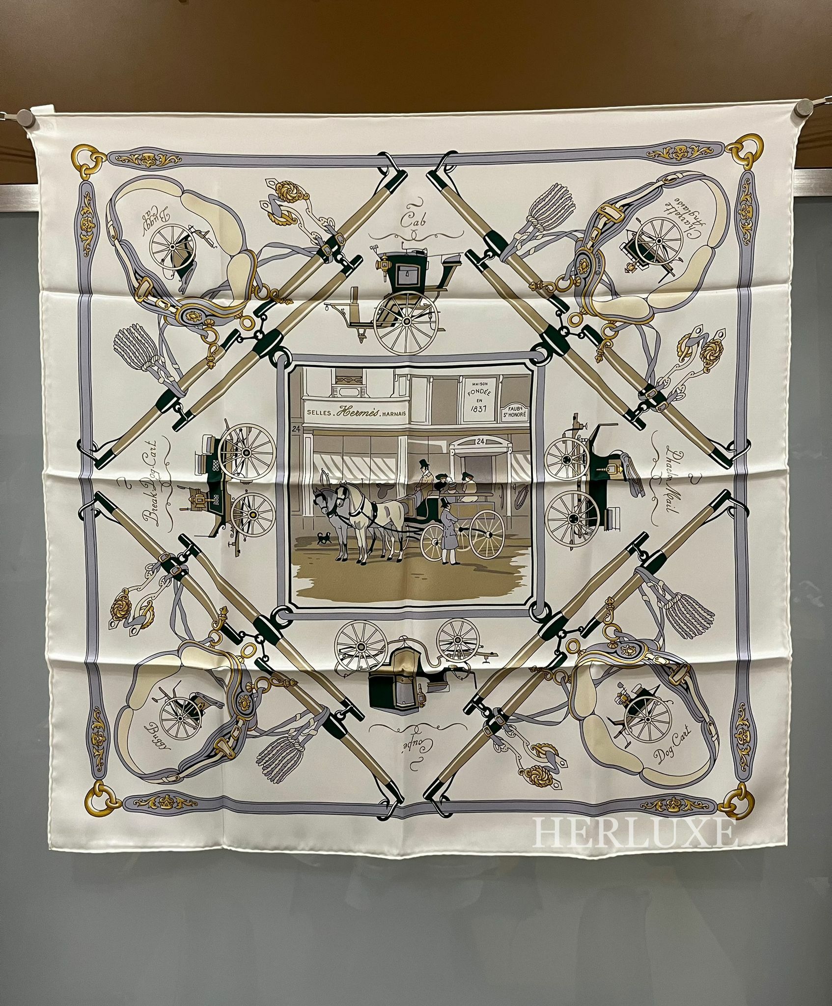 Palonniers scarf 70x70cm 100% soie Blanc / Vert Sapin / Beige