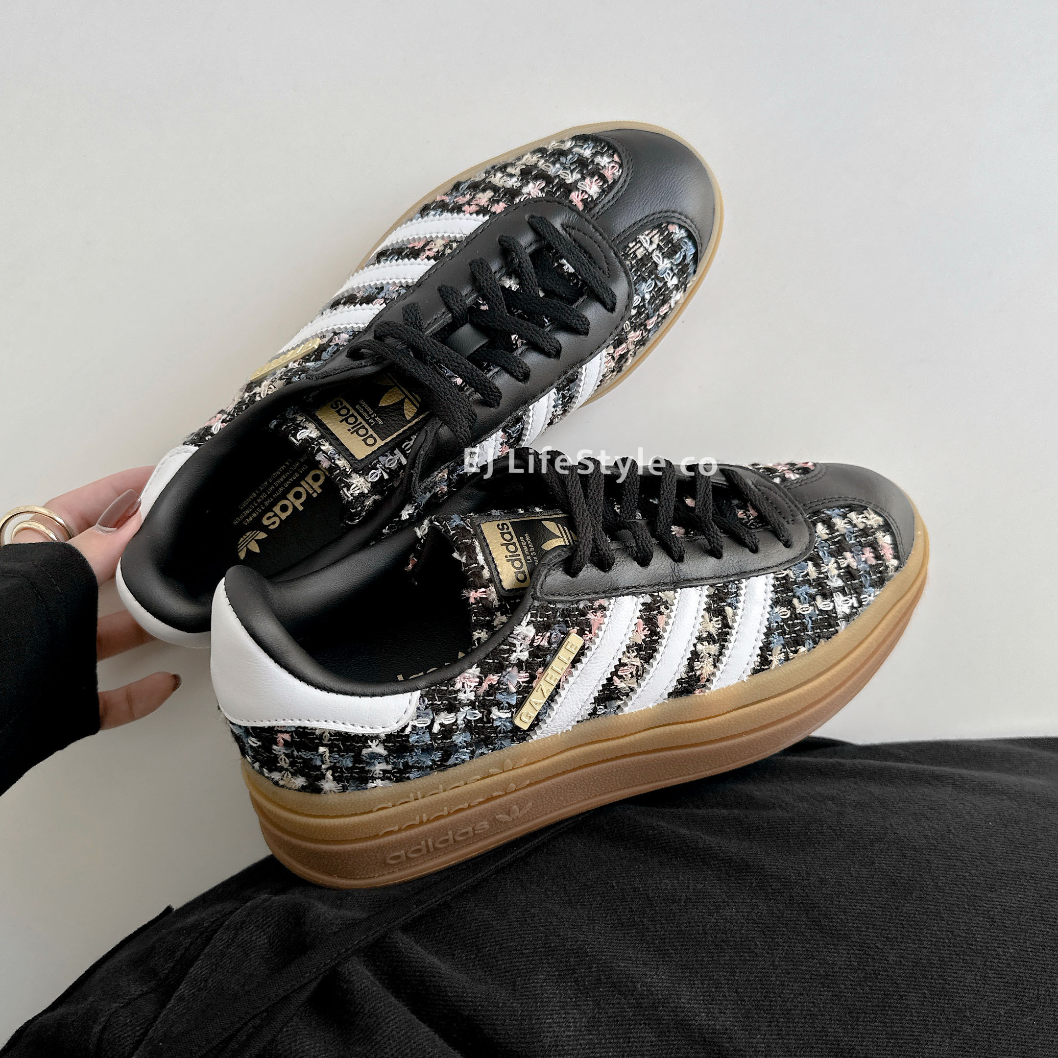 ADIDAS GAZELLE BOLD 小香風 毛呢 黑色 金標 解構 增高 厚底 女鞋 JP5672 / 預購