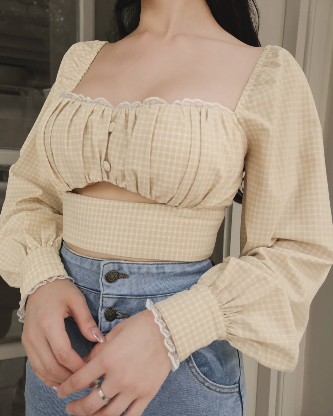 訂製-甜美格紋方領桃心上衣