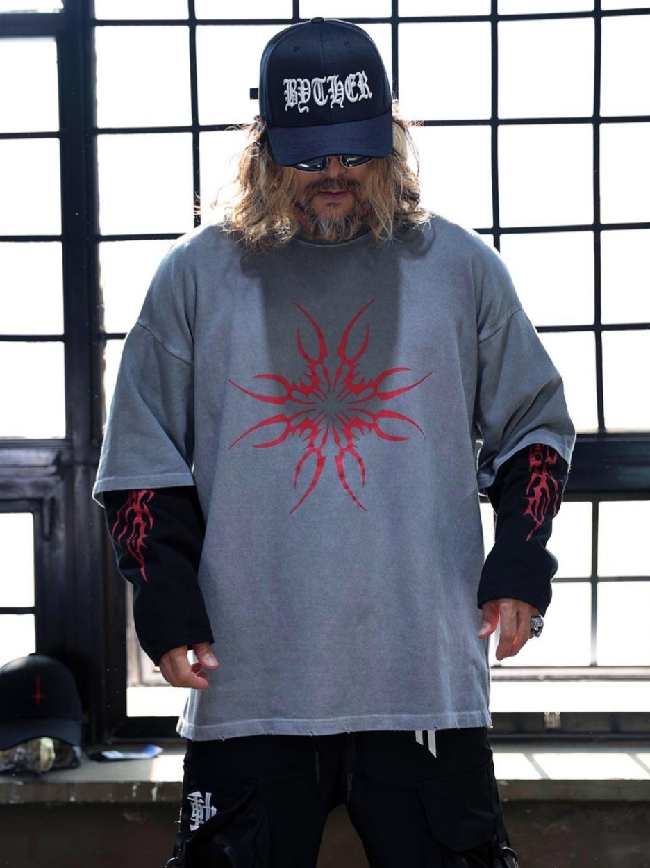 部落印花分層長袖T卹