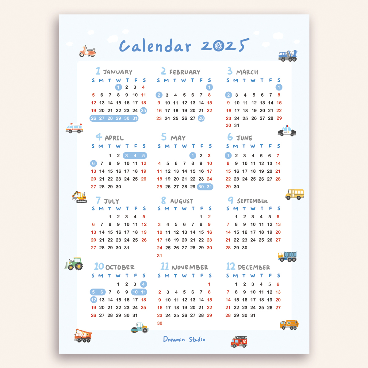 2025手繪車車年曆掛布(含木夾)