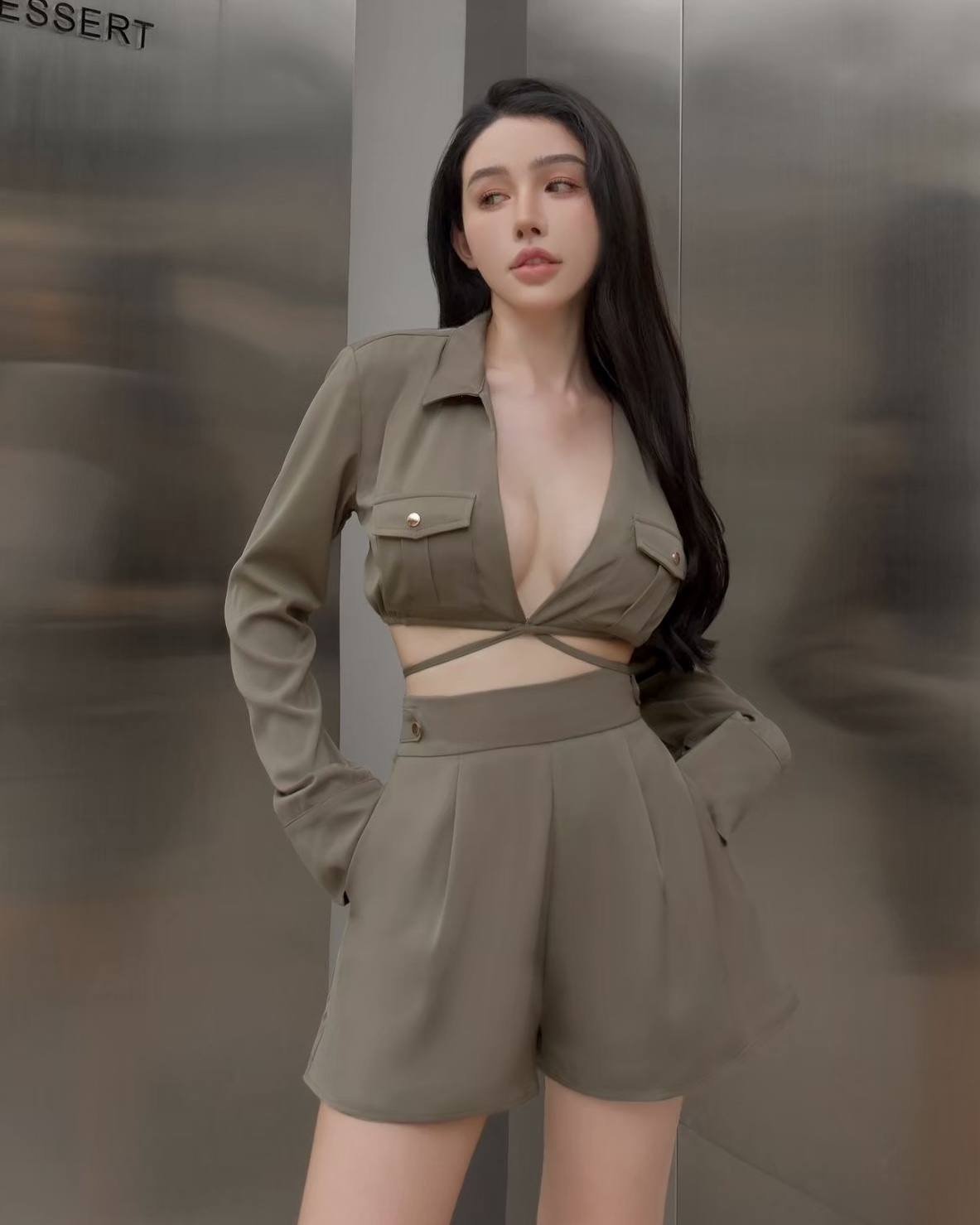 ⭒訂製-緞面襯衫交叉綁帶套裝